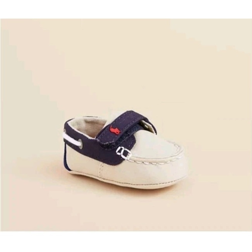 Ralph Lauren Boys Sanders EZ Canvas Deck Shoes‎ Size 2 Pony Logo Loafer Tan Navy